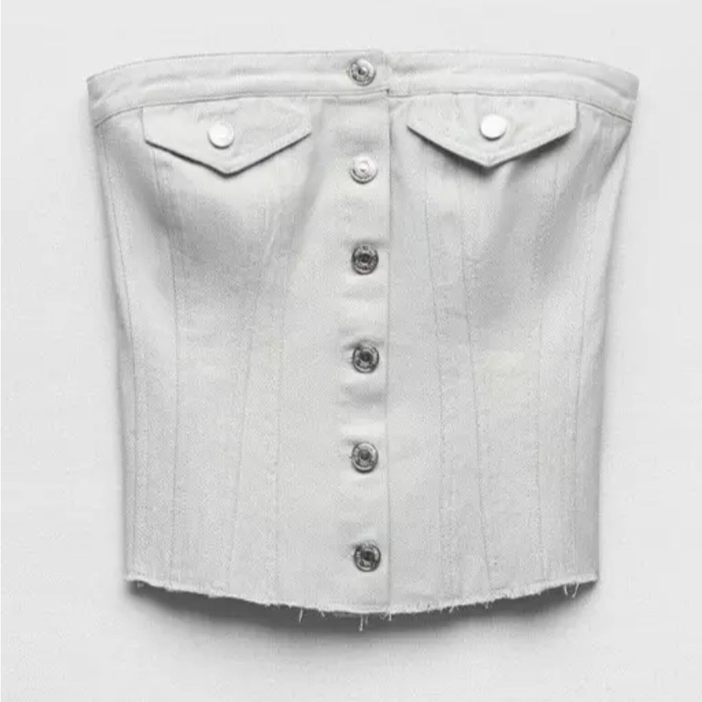 Zara NWOT Grey Silver Strapless Denim Button Up Tube Top - Picture 3 of 7